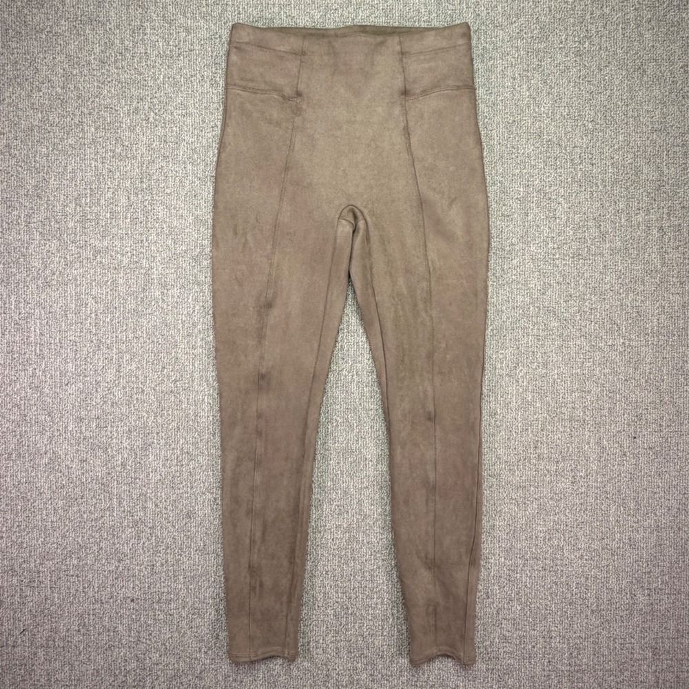 SPANX Womens M Taupe Faux Suede Leggings High Rise Shaping Pants #20322R EUC